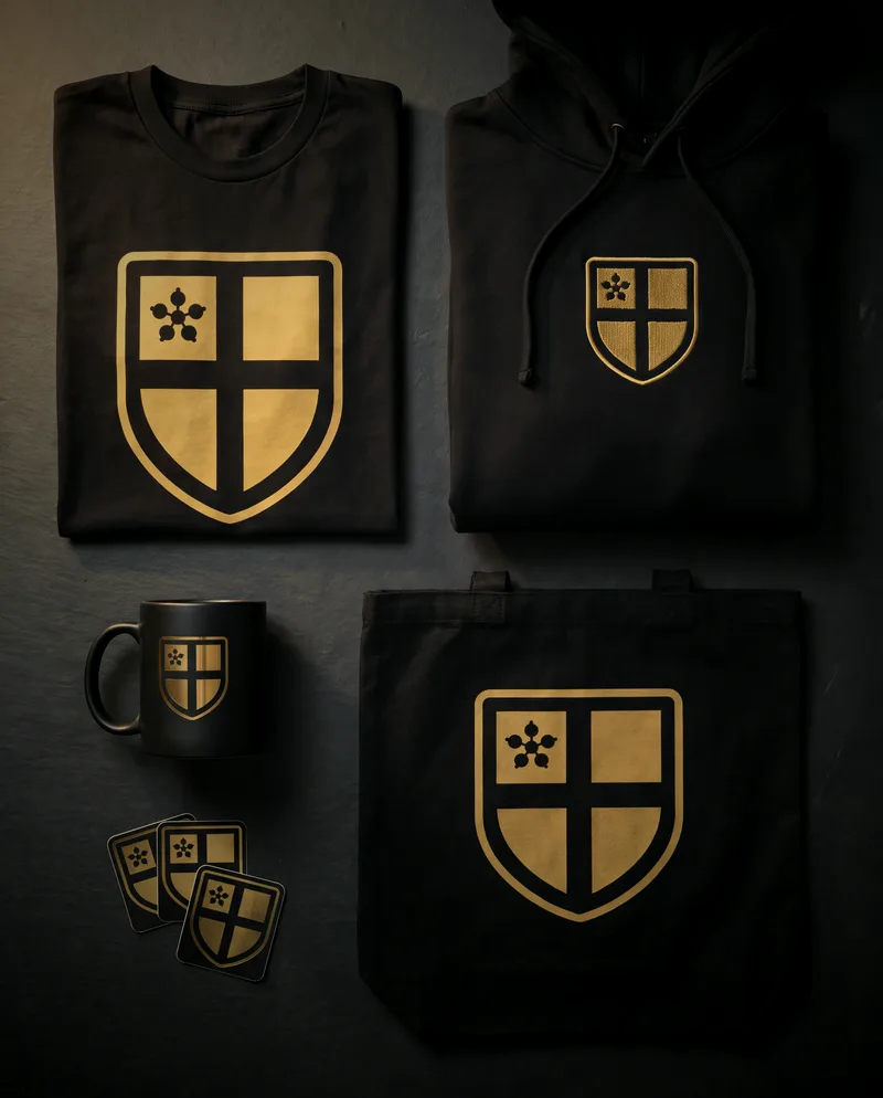A black tee, hoodie, mug, tote bag and stickers, each carrying the Moseby Studio crest in gold