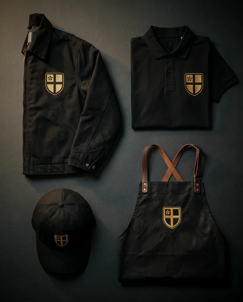 A black work jacket, polo shirt, cap and apron, each embroidered with the Moseby Studio crest in gold thread