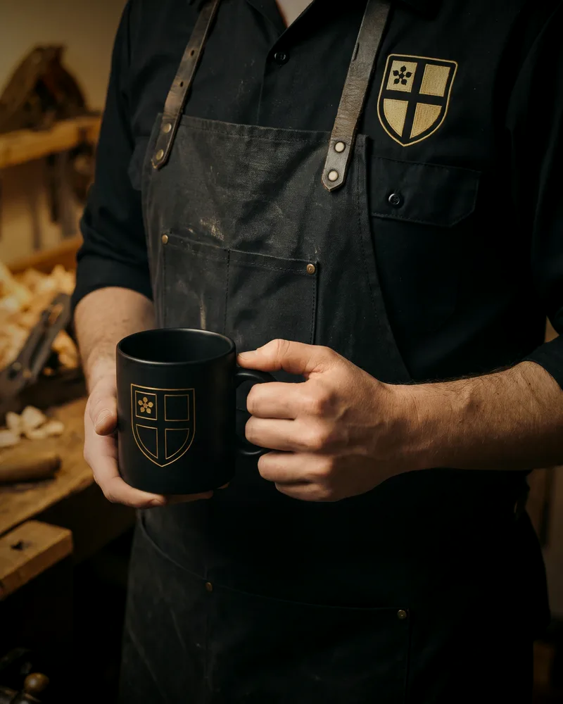 A craftsperson in a workshop wearing an embroidered work shirt and apron, holding a crested mug