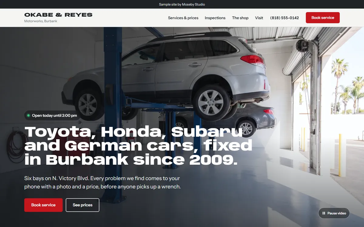 Okabe and Reyes Motorworks concept site: a silver wagon on a lift in a bright, clean shop under the headline Toyota, Honda, Subaru and German cars, fixed in Burbank since 2009.