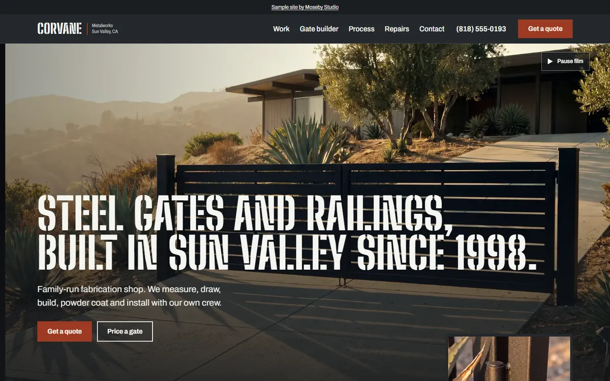 Corvane Metalworks concept site: a black slat driveway gate at a hillside house at golden hour under the stencil headline Steel gates and railings, built in Sun Valley since 1998.