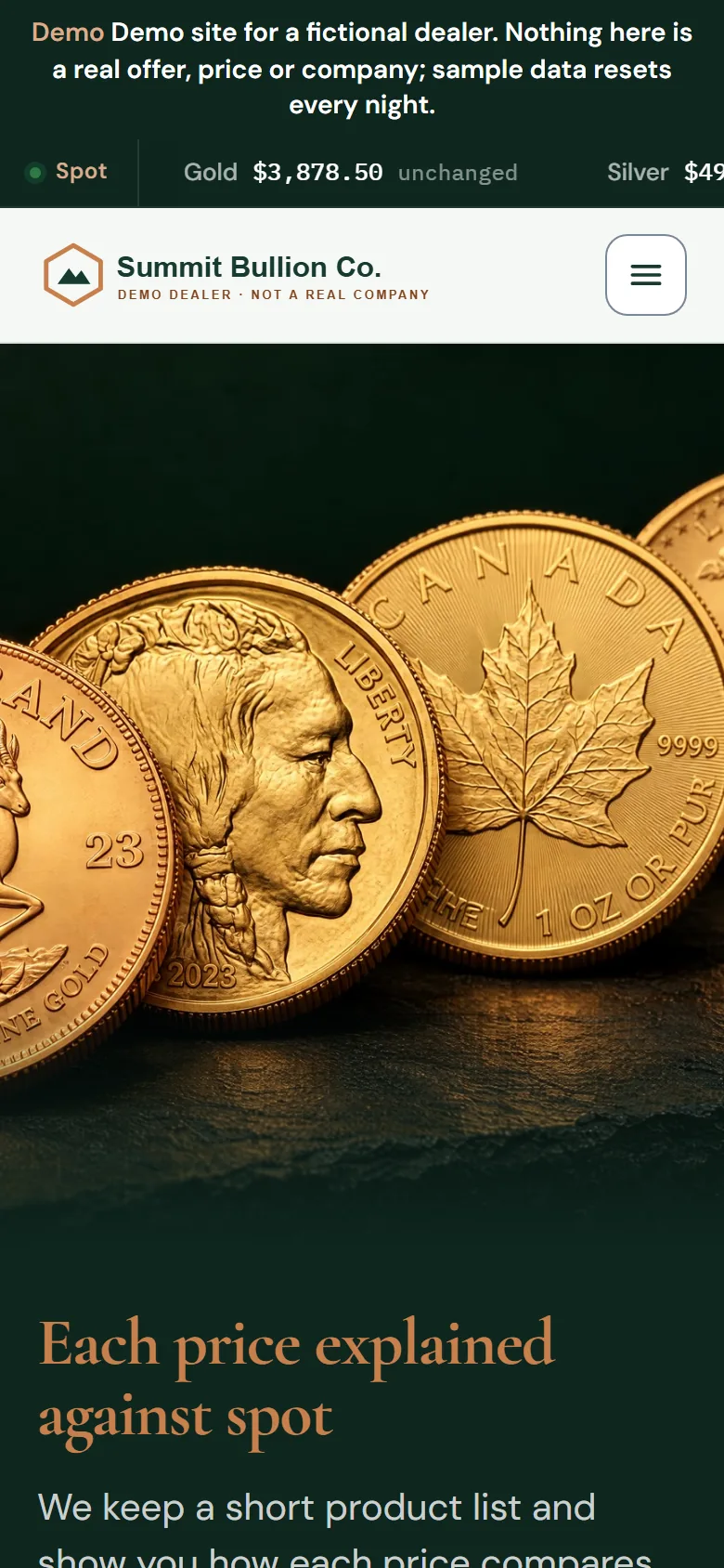 Summit Bullion home page on a phone.