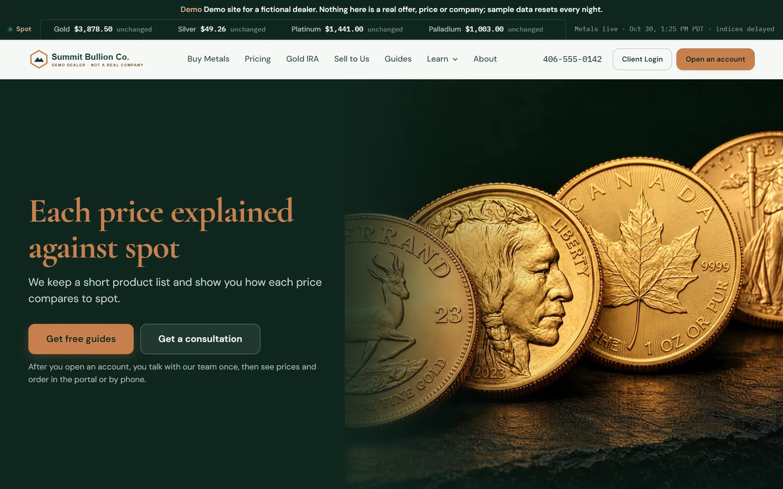Summit Bullion home page: deep green background, copper serif headline and a row of gold coins.