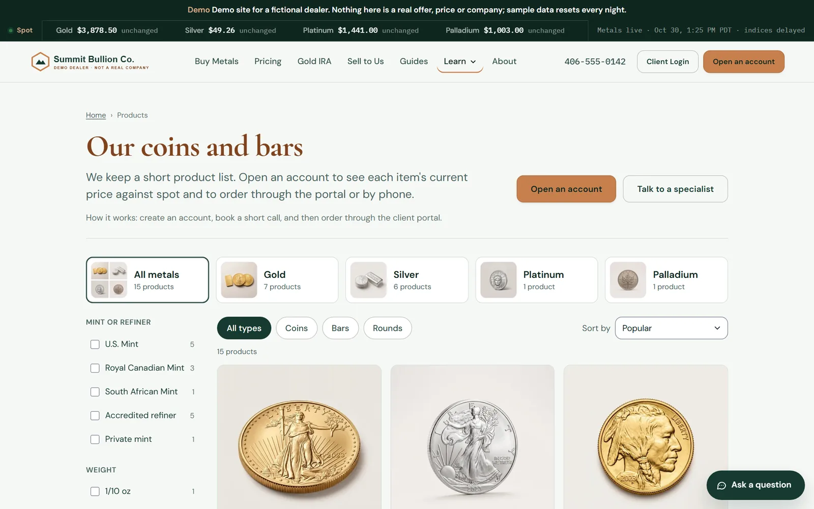 Summit Bullion products page with metal filters and coin photos.