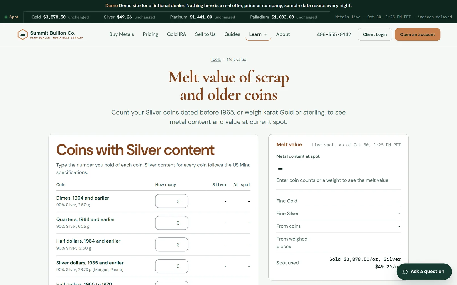 Summit Bullion melt value calculator for older silver coins, using live spot prices.