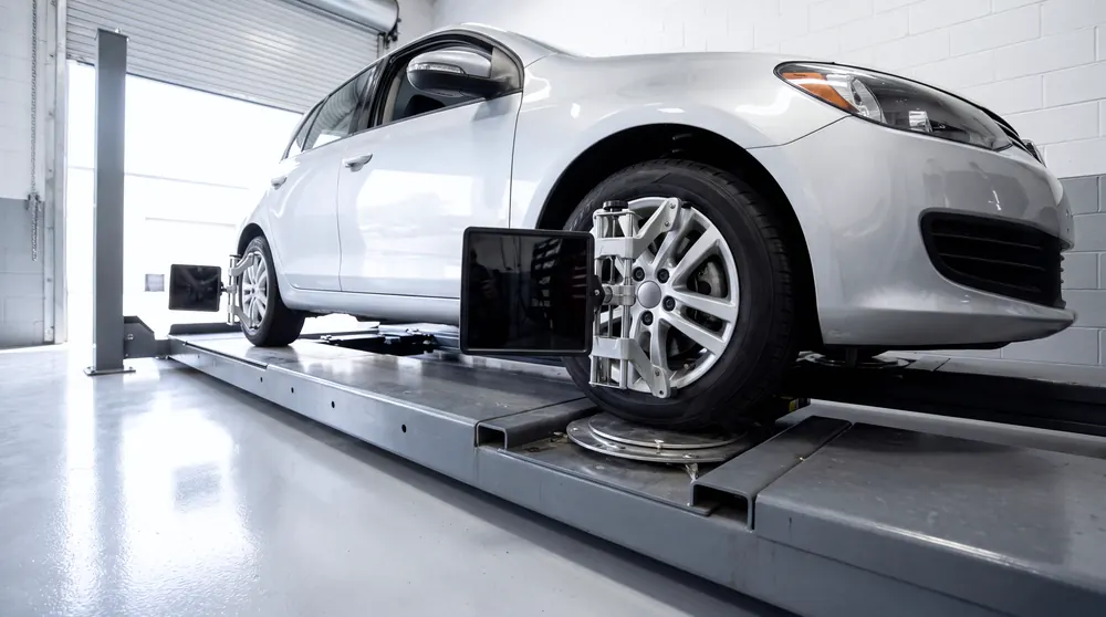 A silver hatchback on the alignment rack with measuring targets clamped to each wheel and the front wheels on turn plates.