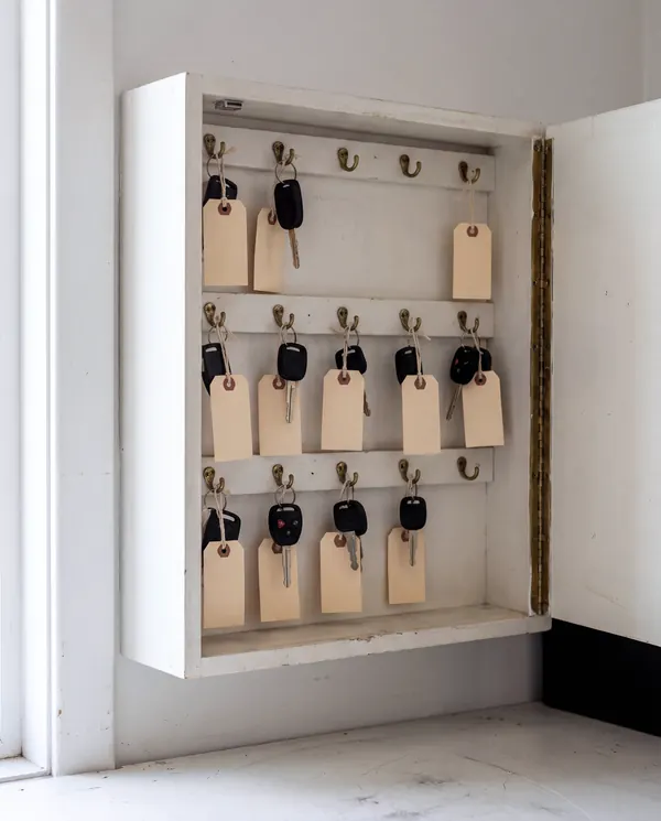 An open key cabinet with customers' car keys hanging on brass hooks, each with a blank paper tag.