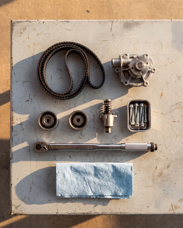 From above, a timing belt kit laid out on a steel bench in late sun: belt, water pump, two idlers, tensioner, bolts in a tray and a torque wrench.