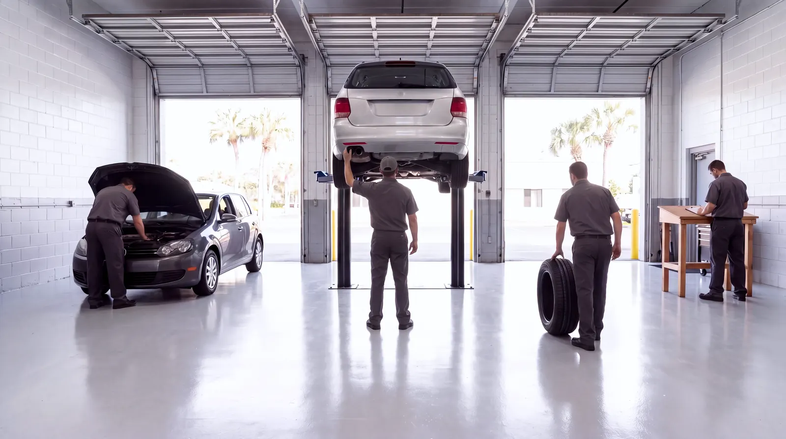 Four technicians in charcoal work shirts at work, seen from behind: one under a raised station wagon, one in the engine bay of a hatchback, one rolling a tire, one writing at a desk by the open doors.