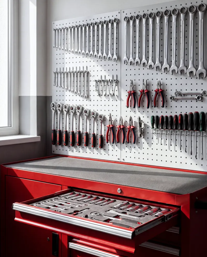 A white pegboard with wrenches hung in size order, ratchets, pliers and screwdrivers, above a red tool chest with an open drawer of sockets in foam.