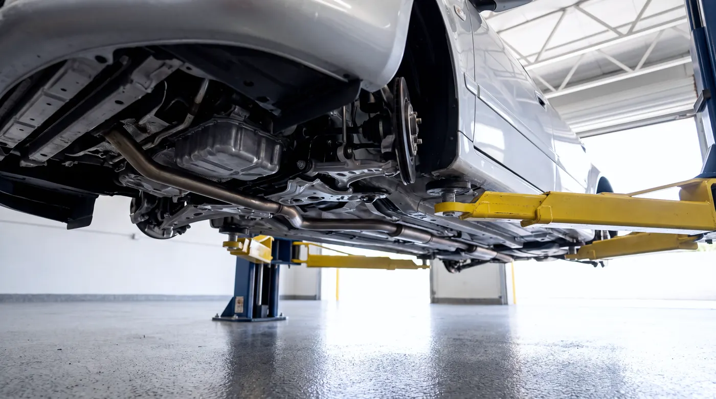 Looking up from the floor at the underside of a silver car on a lift: exhaust, suspension arms and the yellow lift pads under the frame.