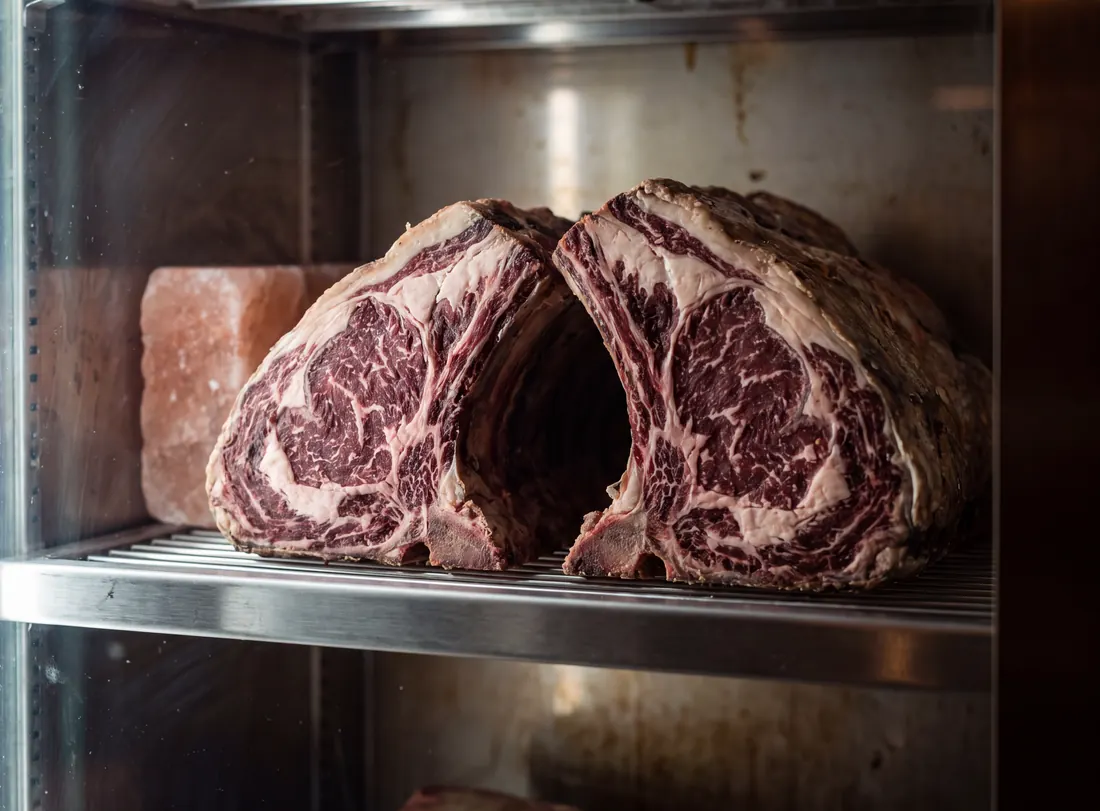 Two dry-aged bone-in ribeye roasts, deep red and heavily marbled, on a steel rack in the aging cabinet beside a block of pink salt