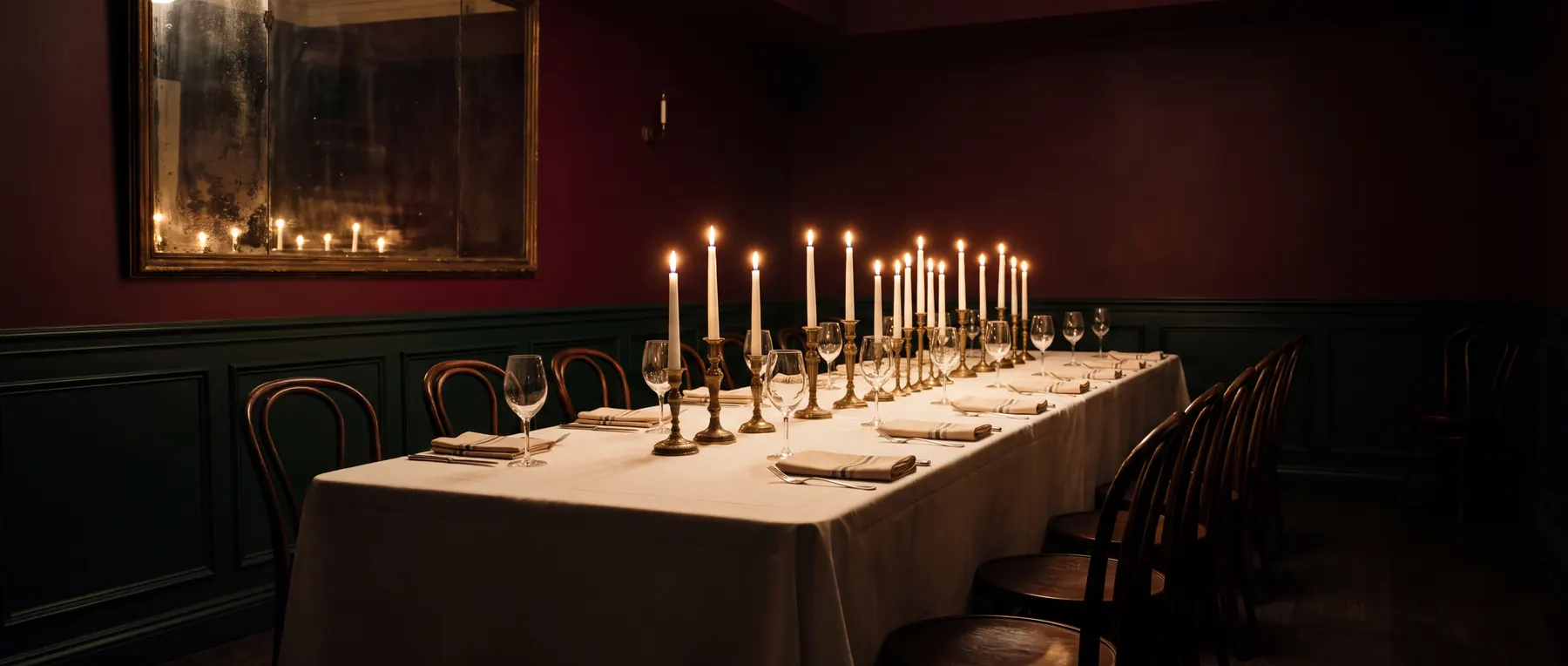 The back room: one long table under a white floor-length cloth, rows of lit taper candles in brass holders, bentwood chairs, bordeaux walls over dark green panelling and an old gilt mirror