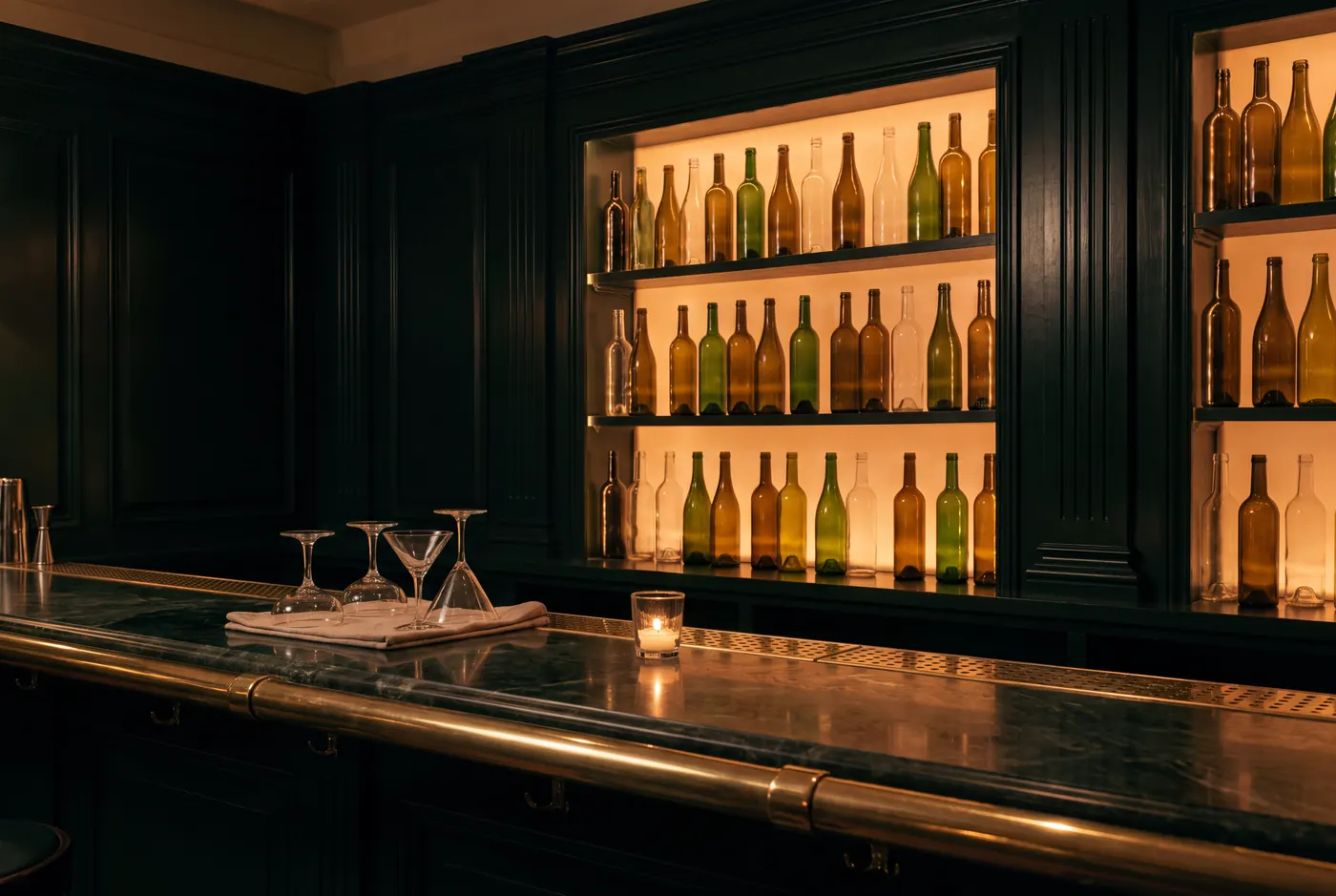 The bar: a green marble top with a brass rail, coupes upturned on a towel, a candle, and shelves of amber and green bottles glowing from behind