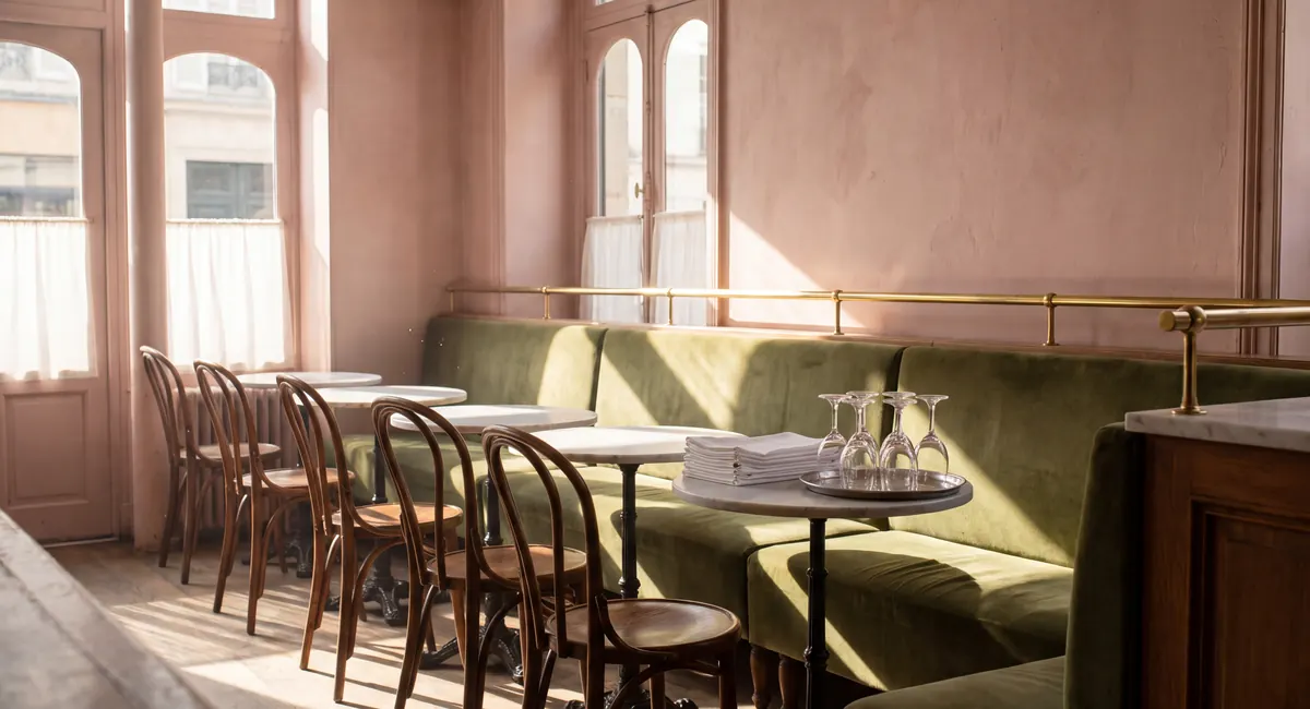 The same banquette at three in the afternoon, sun striping the green velvet and bentwood chairs, glasses and napkins stacked ready for service