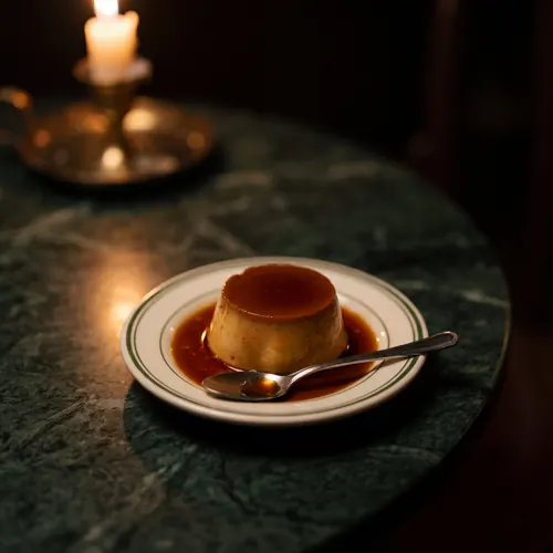 A crème caramel on a green-rimmed plate in a pool of dark caramel, a spoon resting on the rim, candle glowing behind