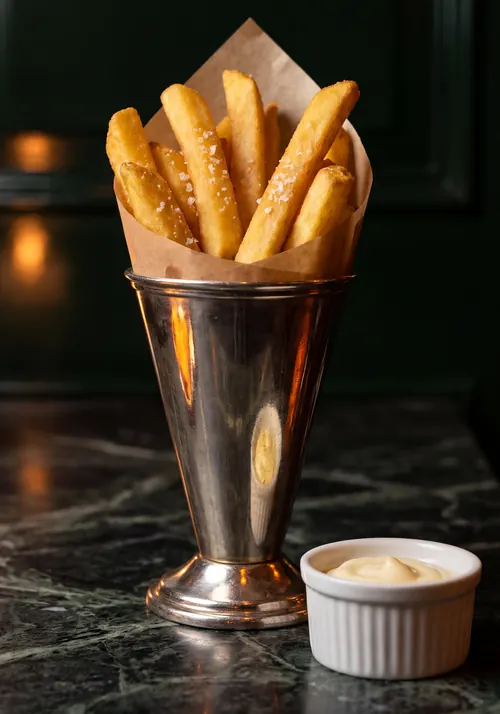 Thick-cut frites with flaky salt standing in a paper-lined silver cone, with a ramekin of mayonnaise