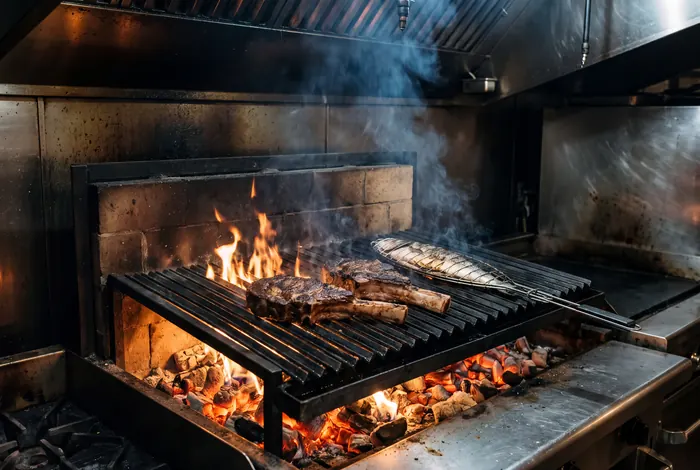 The kitchen's wood-fired grill: two bone-in ribeyes and a branzino in a fish basket on angled iron grates over glowing embers, smoke rising into the hood