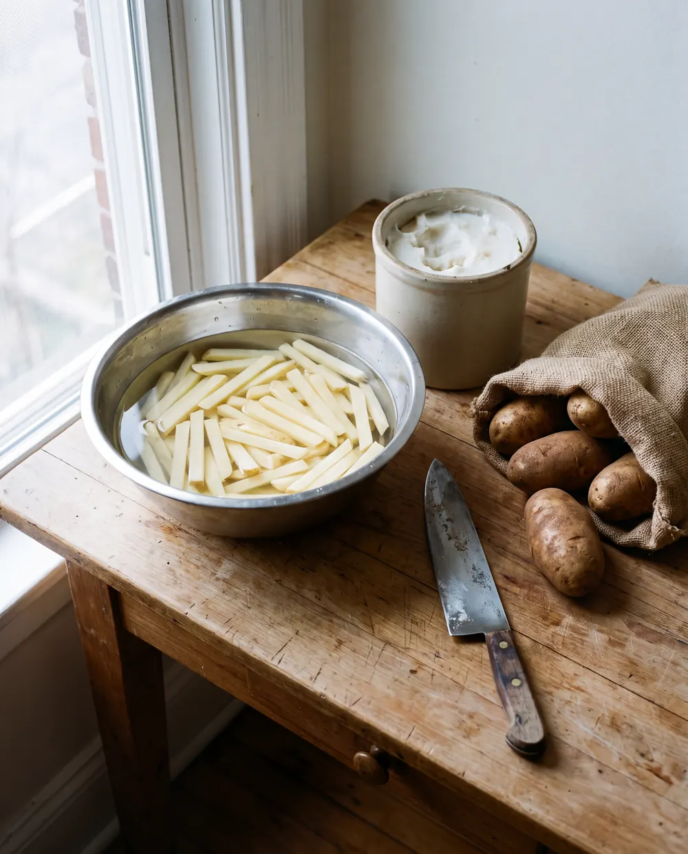 Hand-cut potato batons soaking in a steel bowl of water on a worn wooden table by a window, beside a crock of rendered beef fat, a chef's knife and a burlap sack of russets