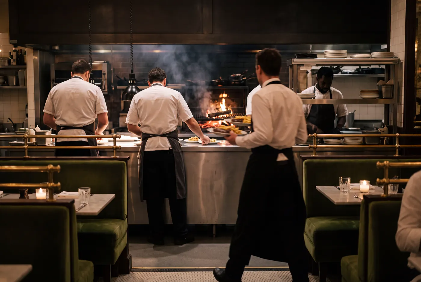 Dinner service seen from the dining room: cooks in white jackets and dark aprons working the grill line and the pass, a server in a long black apron walking away with two plates of steak frites