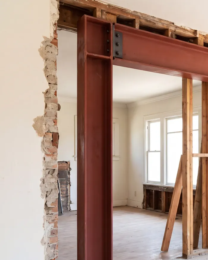 Close view of a primed steel column and beam bolted together with a shear plate, standing in a gutted wall next to old brick, a bright room beyond.