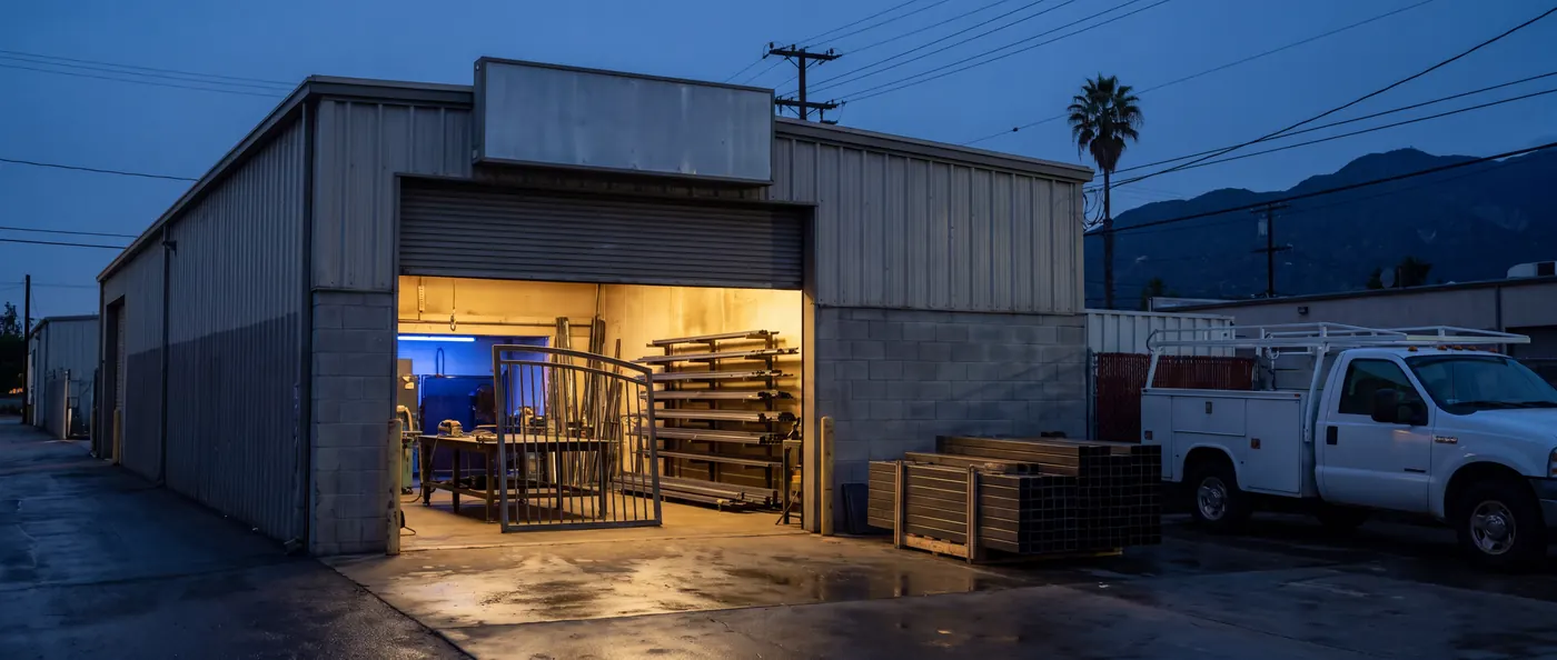 The shop at blue hour: a corrugated metal building with its roll-up door open and warm light spilling onto the wet apron, a gate in progress inside, bundles of tube out front and the mountains dark behind.