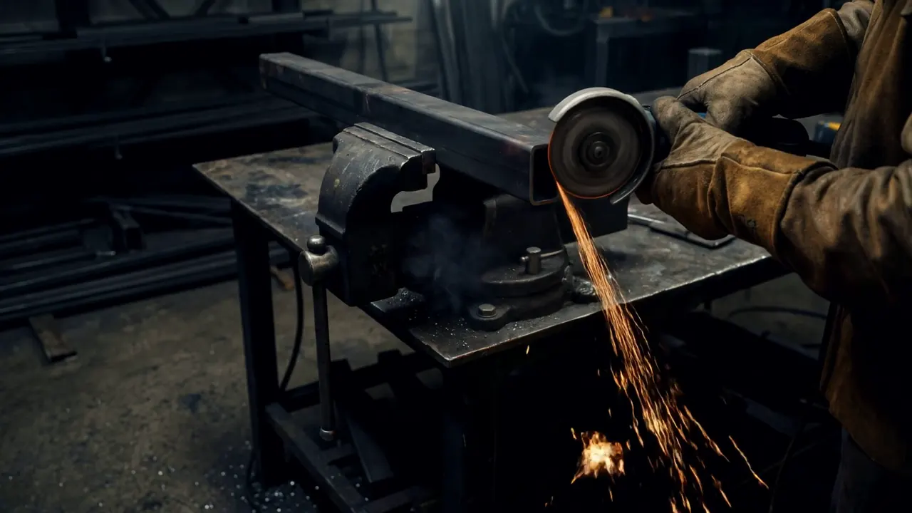 In the dark shop, gloved hands hold an angle grinder cutting square tube in a bench vise; a fan of orange sparks pours onto the floor.