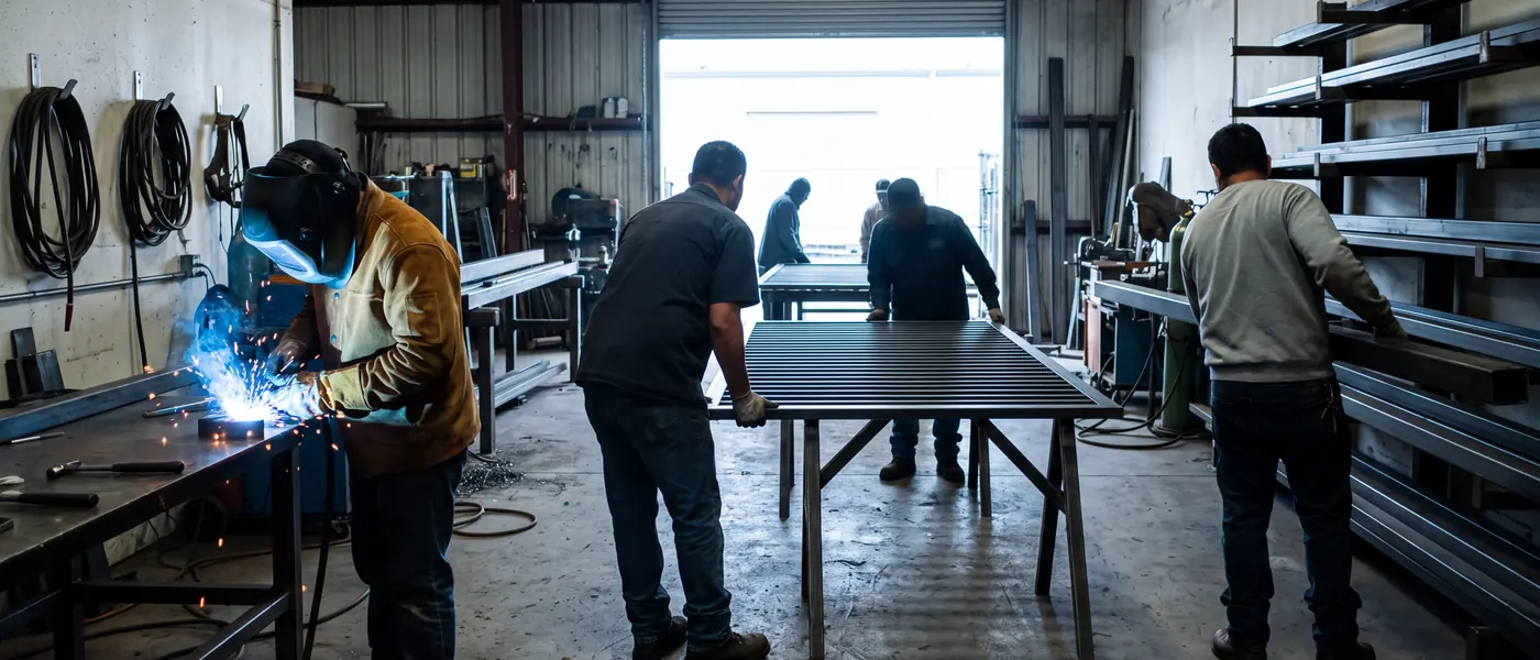 The shop crew at work in the morning light from the roll-up door: a welder at the bench under his helmet, two fabricators lifting a slat gate off the sawhorses, another pulling tube from the rack.