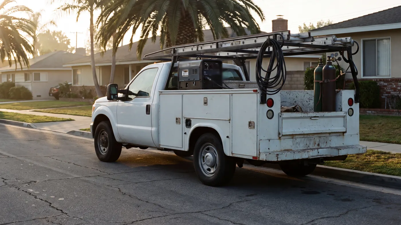 Corvane's white utility pickup parked on a quiet Valley street at sunrise, an engine-driven welder, welding leads and gas bottles in the bed.