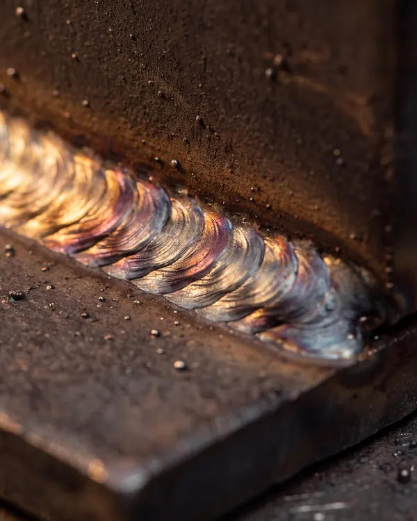Macro photograph of a fresh MIG weld bead joining two thick steel plates, its ripples heat-tinted bronze and blue.