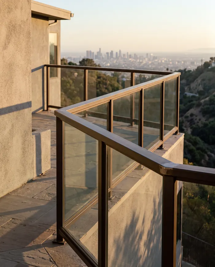 A glass balcony guard in a slim bronze steel frame wrapping a hillside deck, the downtown skyline hazy in the distance.
