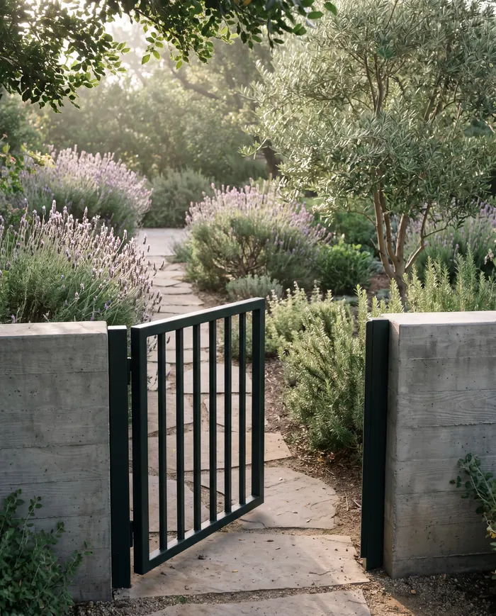 A dark green steel picket walk gate standing half open in a board-formed concrete wall, a flagstone path leading into a lavender garden.
