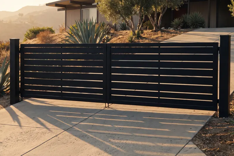 Black horizontal-slat double swing gate on a hillside drive, agave and olive trees behind it.