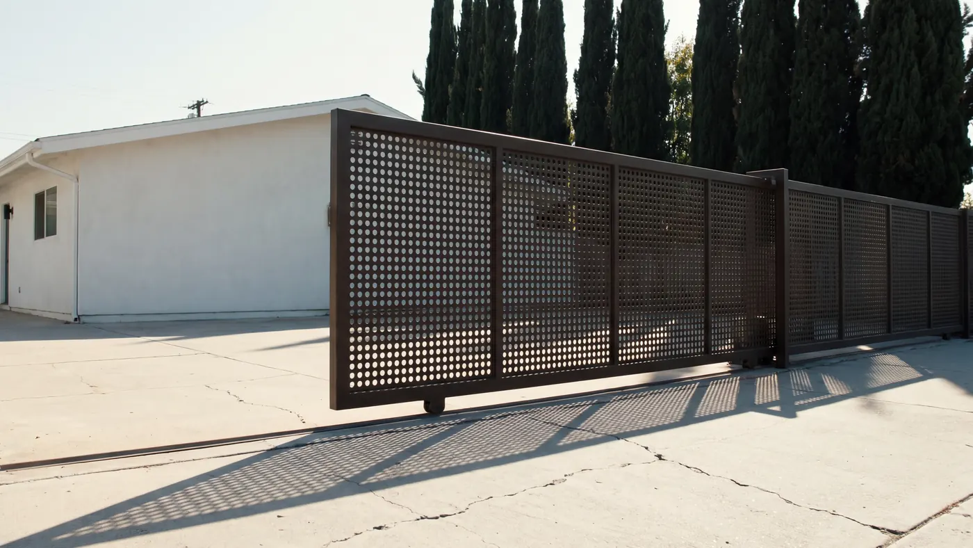 A bronze perforated-steel slide gate rolling across a wide concrete drive, sun throwing dotted shadows through the panel, cypress trees behind.